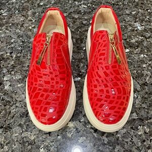 Rare Red Versilia Croc-Embossed Leather Slip-On Stacked Sneakers size 7.5